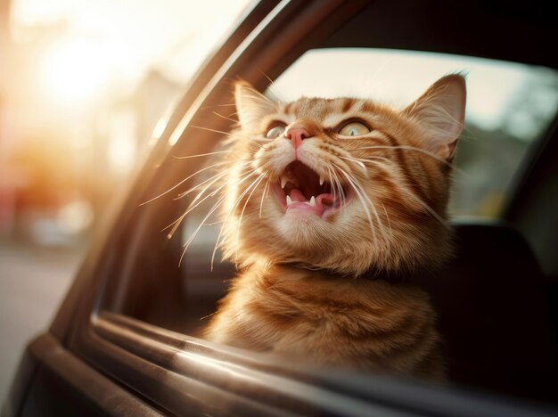 Happy cat with head out of the car window having fun