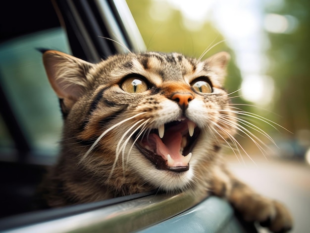 Happy cat with head out of the car window having fun