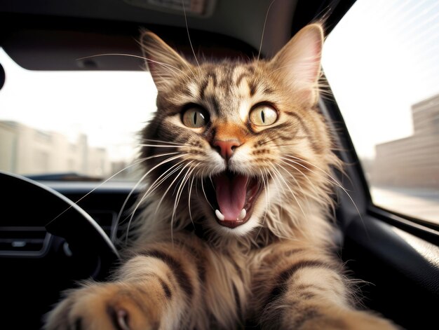 Happy cat with head out of the car window having fun