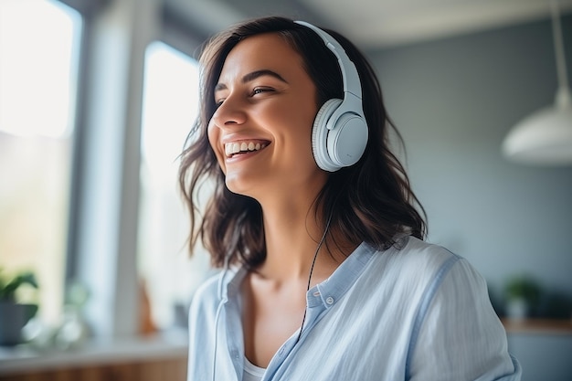 Happy Caucasian Woman Smiling at Home Wearing Headphones