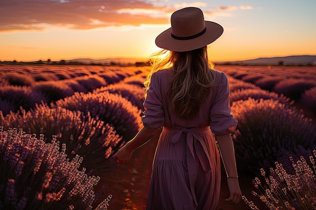 Happy caucasian woman with long hair and a hat walking through in purple lavender flowers fieldback view Generative AI