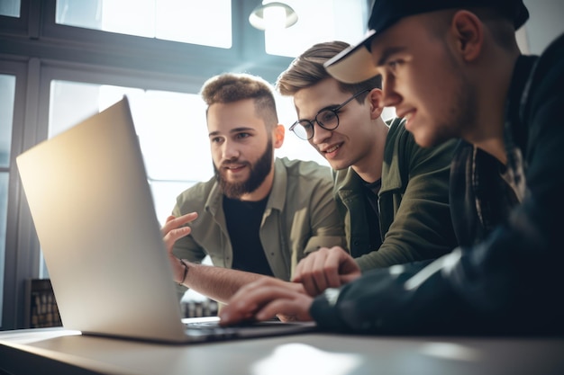 Happy caucasian young businessmen at laptop in casual office created using generative ai technology