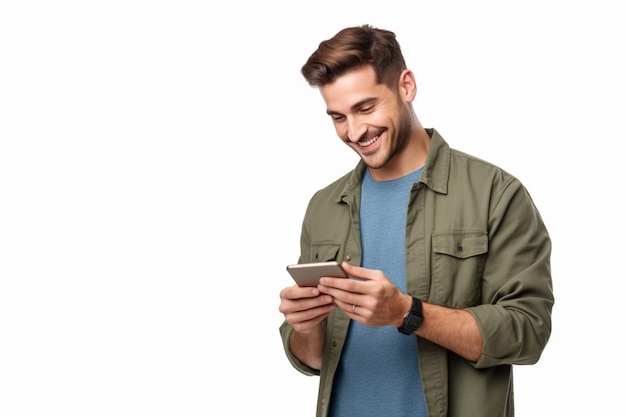 Happy caucasian young man using smart phone cellphone for calls social media mobile application on