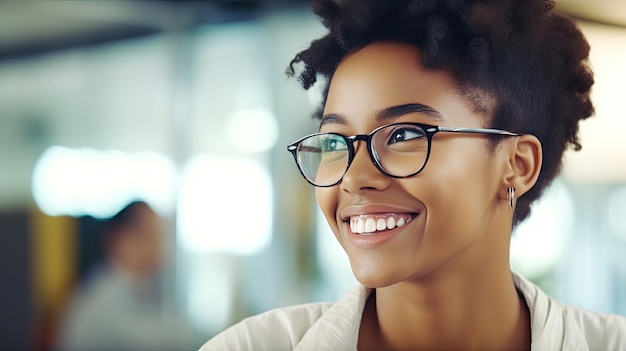 Happy cheerful African teen girl smiling shorthaired cute Black ethnic college student wearing eyeglasses looking away in modern university campus library