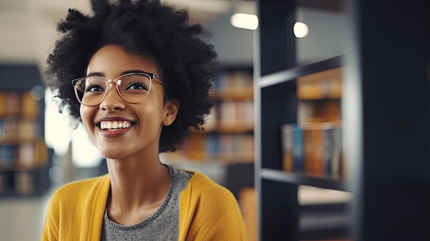 Happy cheerful African teen girl smiling shorthaired cute Black ethnic college student wearing eyeglasses looking away in modern university campus library