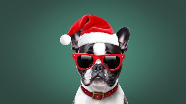 A happy and cheerful Boston Terrier dog in a Santa Claus hat and sunglasses