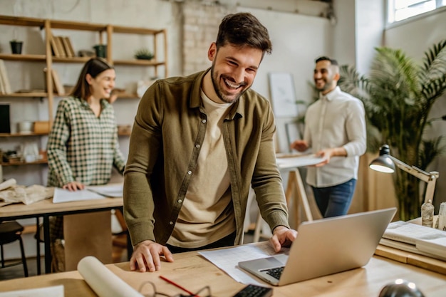 Photo happy and cheerful confident leader work with employee office working with smiling