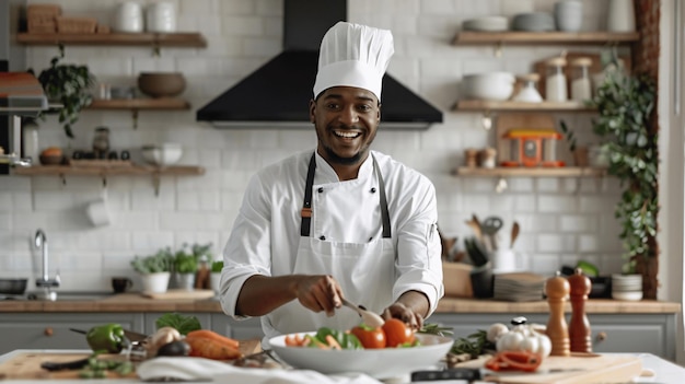 Happy Chef Preparing Salad in Modern Kitchen