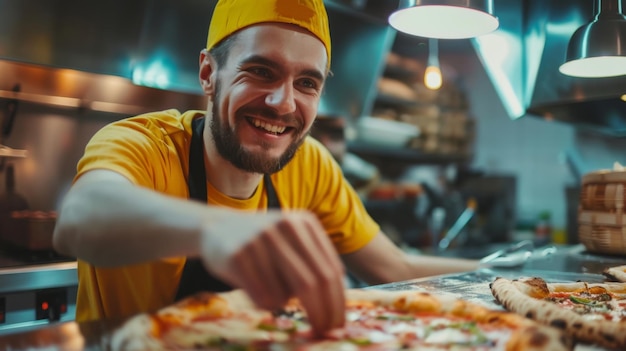 Happy chef in a yellow uniform preparing a pizza in a professional kitchen adding toppings with a sm