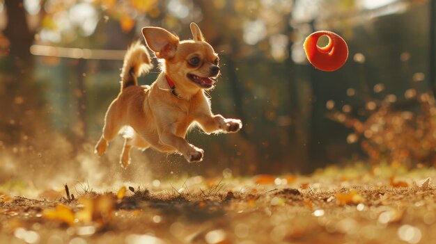 Photo happy chihuahua jumping for toy