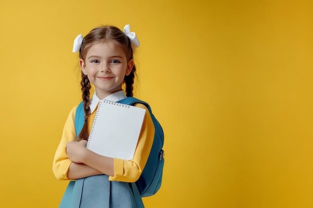 Happy child 10 years old with a blue backpack and a white notebook pressed to his chest in a fulllen