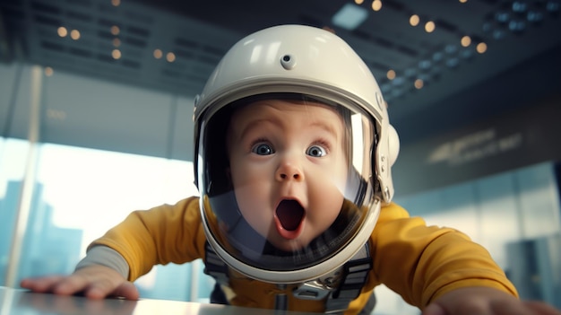 Happy child astronaut flies in zero gravity in the office