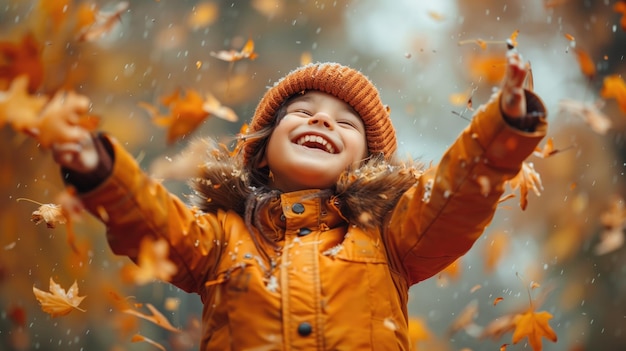 Photo happy child in autumn enjoying falling leaves