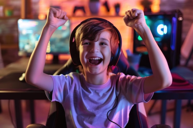 Happy child boy in headphone streamer playing video game with winner expression at gaming room