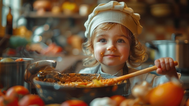 Happy Child Chef in Kitchen with Colorful Preserved Foods