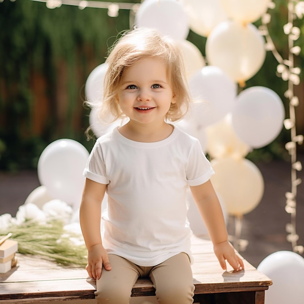 Happy child on Christmas background wearing white tshirt Christmas tshirt mockup