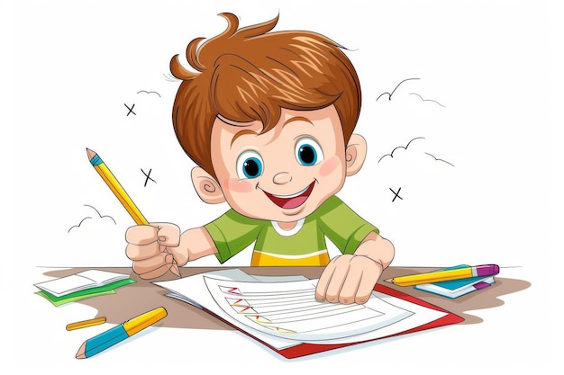 happy child doing homework with pencil