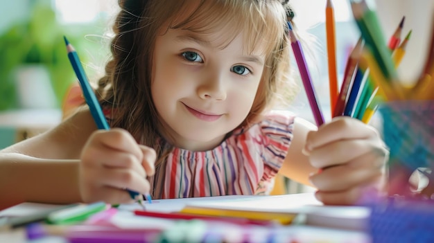 Photo happy child girl draws with colored pencils in white room studio ar 169 job id 1f2ae7f2727f4af79a79cc43a23b3d89