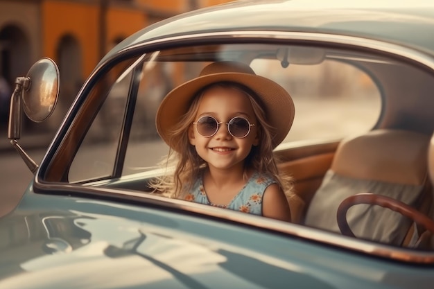 Happy child girl goes to summer travel trip in car view side