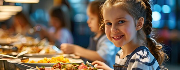 Photo happy child girl and other kids at buffet of cafeteria in elementary school or hotel