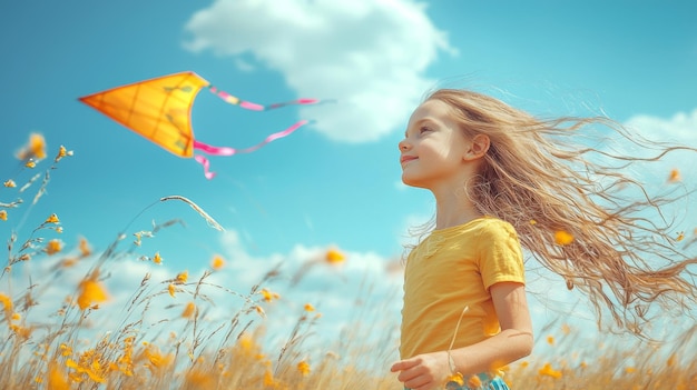 Photo happy child girl playing with kite in summer meadow