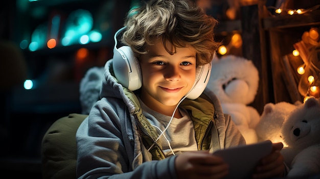 Happy child in a headphones playing with toy on a tablet in the night clubgenerative ai