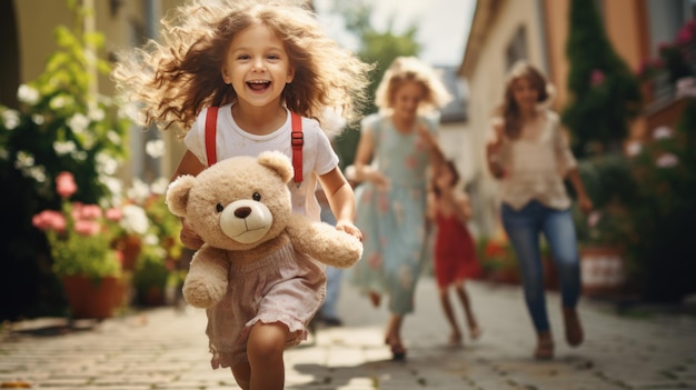 Happy child holding teddy bear and jumping with parents near home