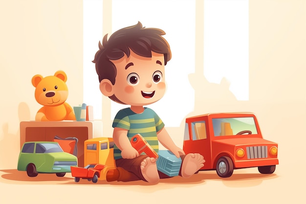 A happy child is playing with toys in his room on the floor the child has different colored toys a bear a car Generate Ai