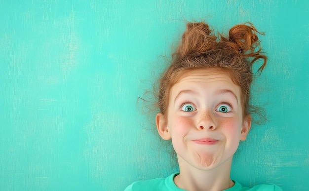 Photo happy child making a silly face on a turquoise background