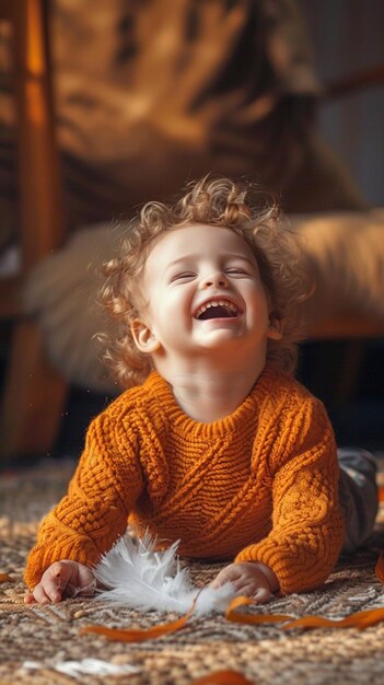 Photo happy child in orange sweater plays with feather on the floor