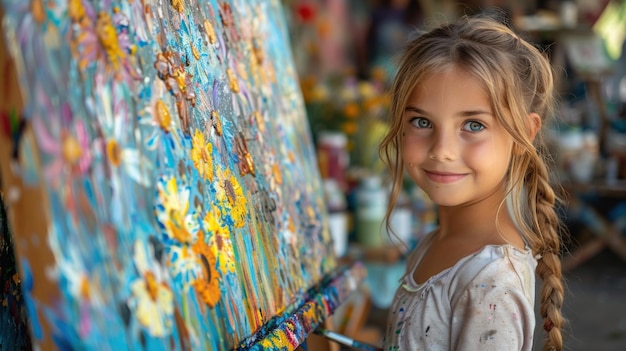 Happy Child Painting Outdoors with Easel and Paints on Sunny Day Creative Art Class on Bright Afternoon Photography with Sony A7R III 50mm f18 Lens