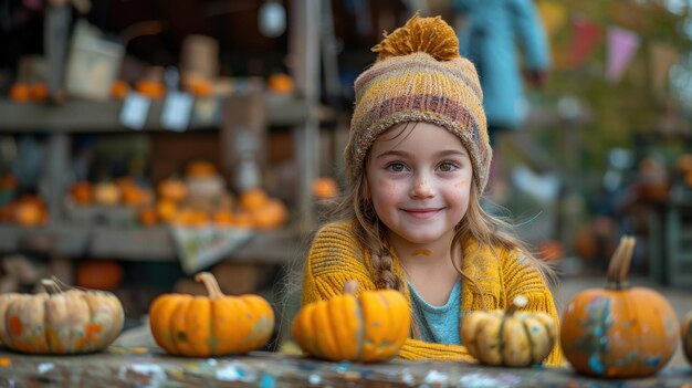 Happy Child Painting Pumpkins at Colorful Fall Festival under Nikon D780 with 50mm f18 Lens