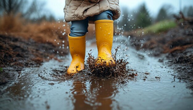 Photo happy child playful jumping in puddle with yellow rain boots closeup of kid wearing yellow rain