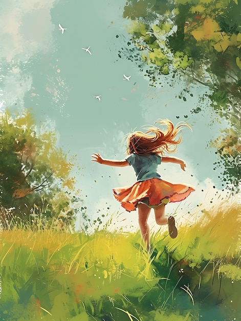 Happy child playing in the green meadow illustration