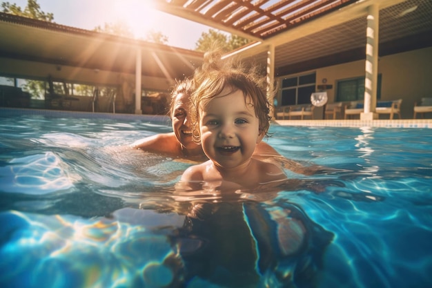 A happy child playing in the pool together with mother