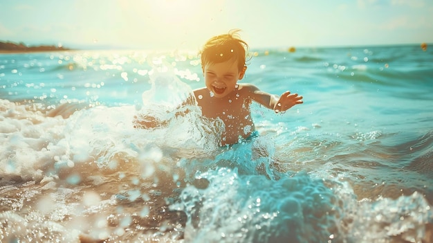 Happy child playing in the sea Kid having fun outdoors Summer vacation and healthy l Generative AI