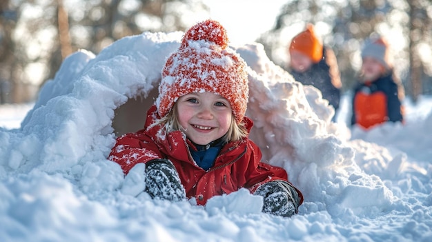 Happy Child Playing in Snow Fort