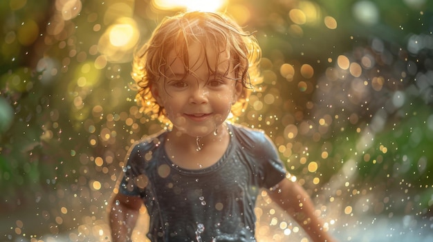 Happy Child Playing in Sprinkler on a Sunny Day in Backyard Joyful Summer Activity Concept