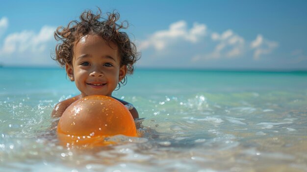 Happy Child Playing with Beach Ball in Clear Blue Ocean Water on a Sunny Day Canon EOS R5 50mm f12 Photography