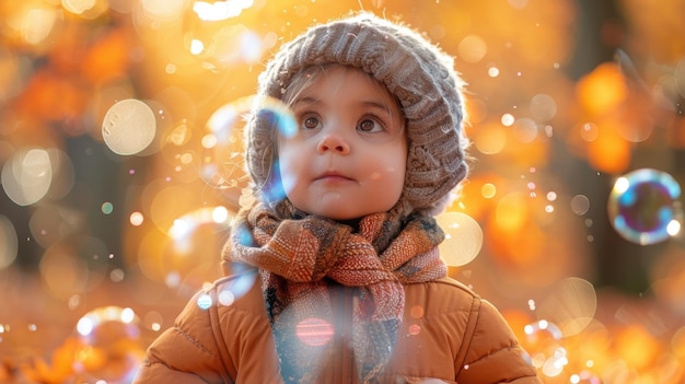 Happy Child Playing with Bubbles in Autumn Park Joyful and Playful Kid Enjoying Sunny Day