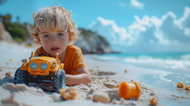 Happy Child Playing with Toy Truck in Sunny Sand Canon EOS R5 35mm F18 Photo