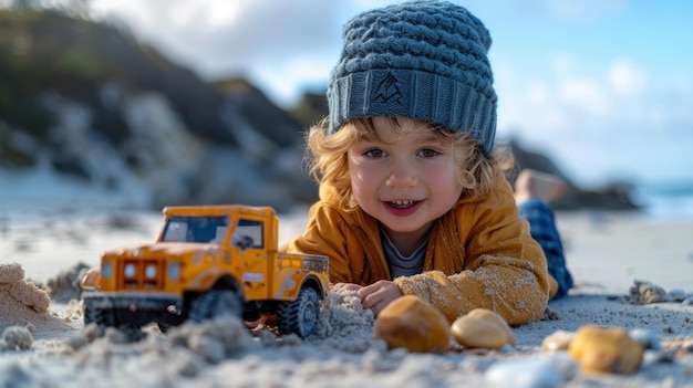 Happy Child Playing with Toy Truck in Sunny Sand Joyful Childhood Photography