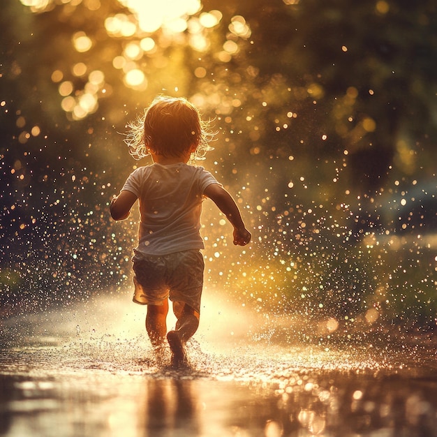 Happy Child Running Through Water With Golden Sunlight