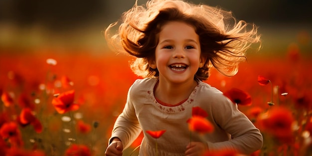 A happy child runs and has fun in a poppy field Happy child playing