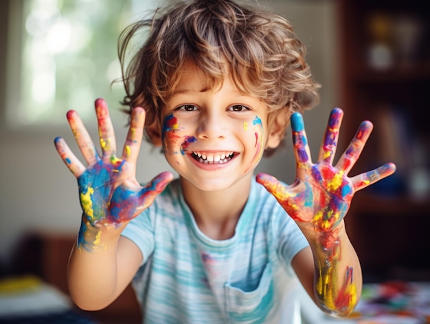 Happy Child Showing Colorful Painted Hands