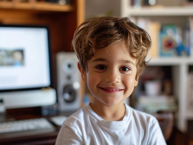 Happy Child Smiling in Home Environment Portrait of a cheerful young boy smiling at home with a blurred computer screen in the background