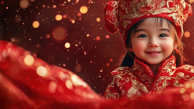 Photo happy child in traditional red costume celebrating lunar new year with bokeh background