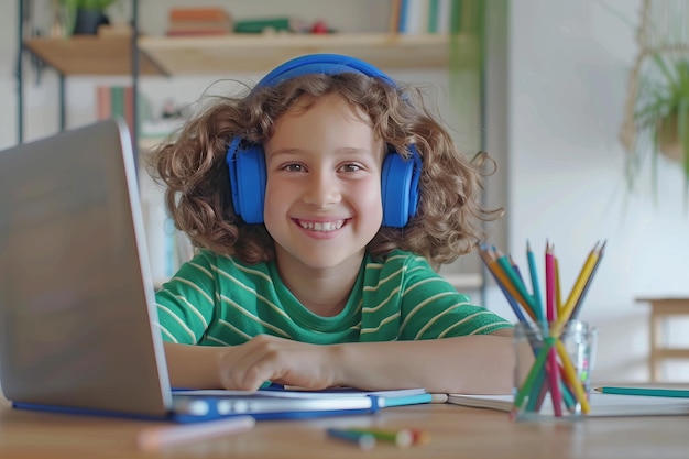 Happy Child Wearing Headphones at Home Bright Room Studying Online Smiling Child Modern Learning Environment and Technology Integration Education and Fun Generative AI