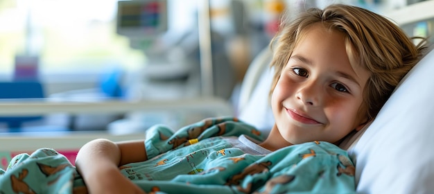 Photo happy child in white patient gown lying on hospital bed with copy space for text