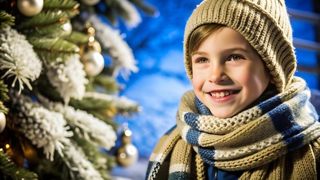 Happy Child in Winter Wonderland with Christmas Tree